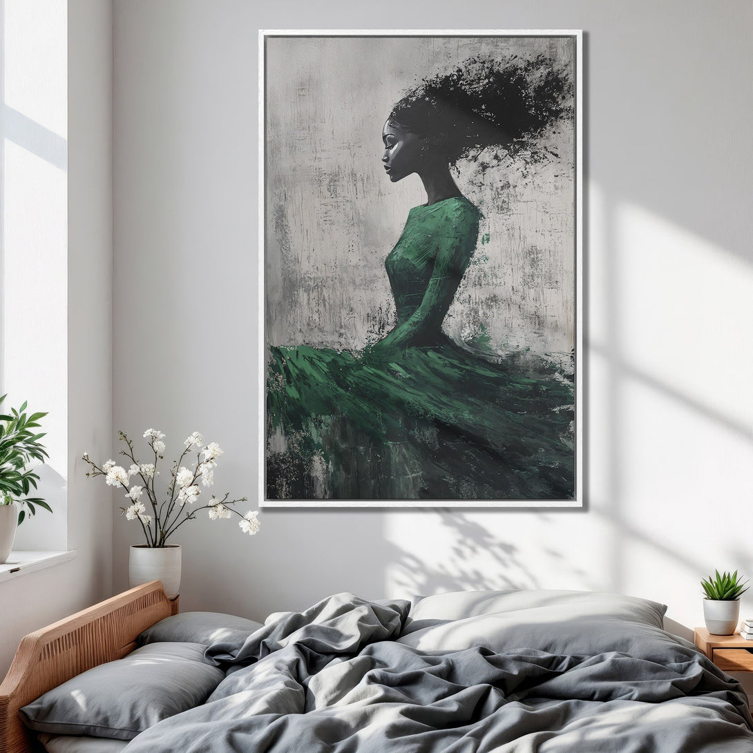 Framed Wall Art: Abstract portrait of a woman in green dress. Modern art with a neutral and green color palette. Perfect for bedroom decor.