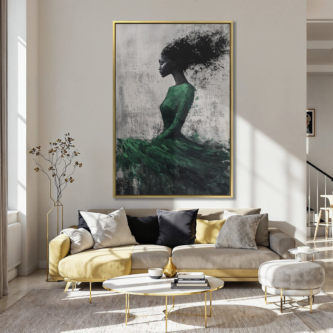 Canvas Print of an elegant woman in a green dress, abstract style. Features a black and grey palette with pops of green, perfect for modern decor.