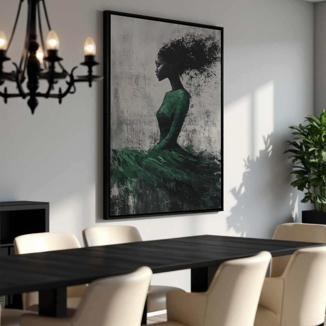 Framed Wall Art: Abstract portrait of a woman in green dress. Modern art in black, white, and green color palette. Perfect for dining room decor.