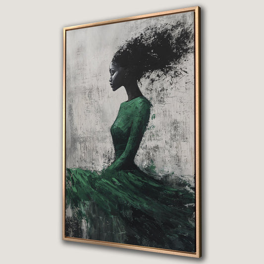Elegant Black Woman in Green Dress Canvas Print Art