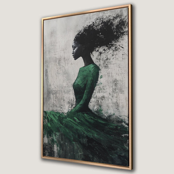 Framed Wall Art: Abstract portrait of a woman in green dress. Modern art canvas print with a black, white, and green color palette. Add elegance to your space!