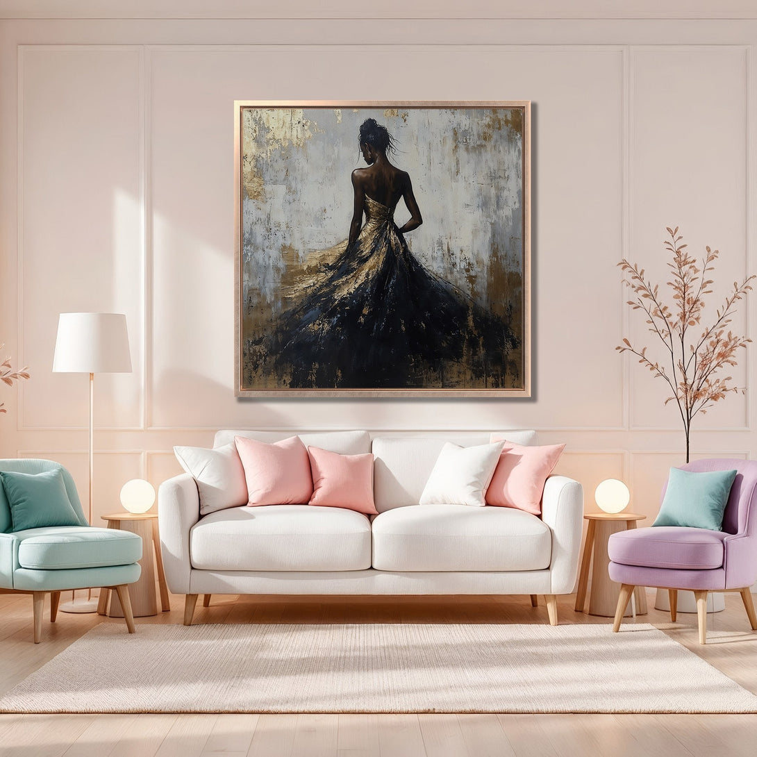 Framed Wall Art: Abstract painting of a woman in a gown, displayed in a stylish interior. Gold, black, and gray color palette, perfect for home decor.