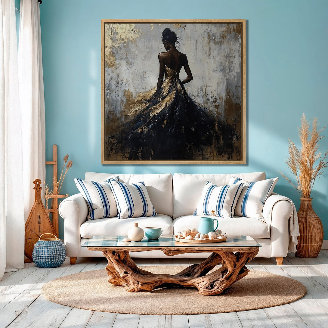 Framed Wall Art: Abstract painting of a woman in a gold and black dress. Modern art with a neutral and gold color palette, perfect for home decor.