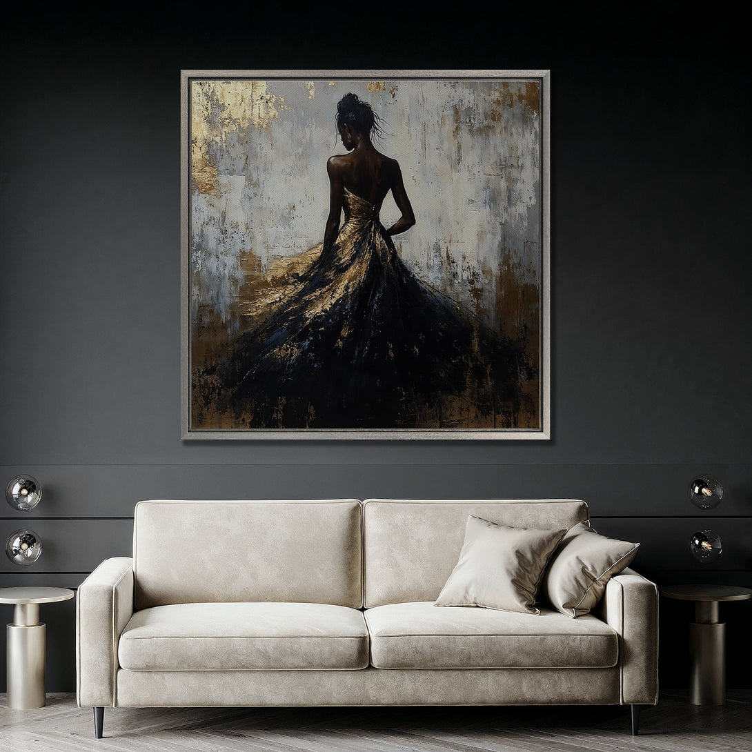 Framed Wall Art featuring an elegant woman in a gold and black dress, abstract style, displayed in a modern interior with a neutral color palette.