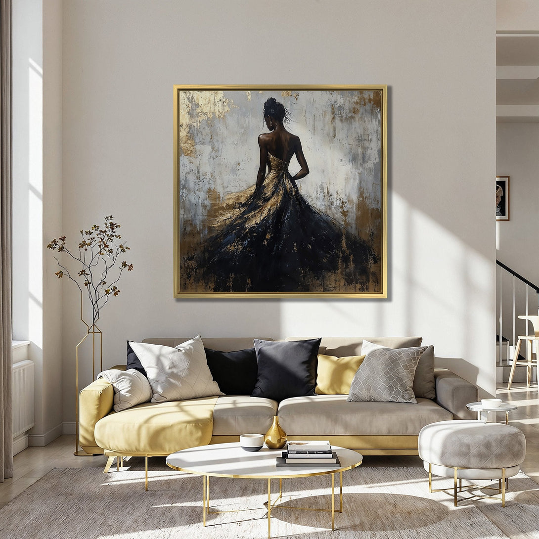 Canvas Print featuring an elegant woman in a gold and black gown. Abstract art style with gold, black, and white palette. Adds sophistication to any space.
