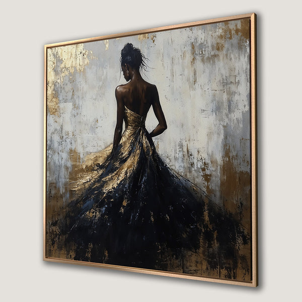 Framed Wall Art: Elegant woman in black and gold dress, abstract style. Stunning canvas print with a neutral, luxurious color palette.