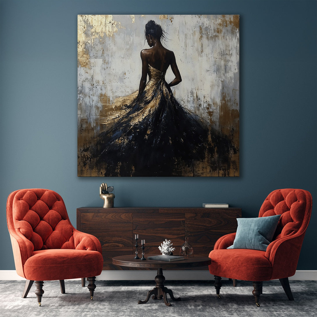 Framed Wall Art: Abstract woman in a black and gold dress. Modern art print with neutral color palette. Perfect for living room decor.