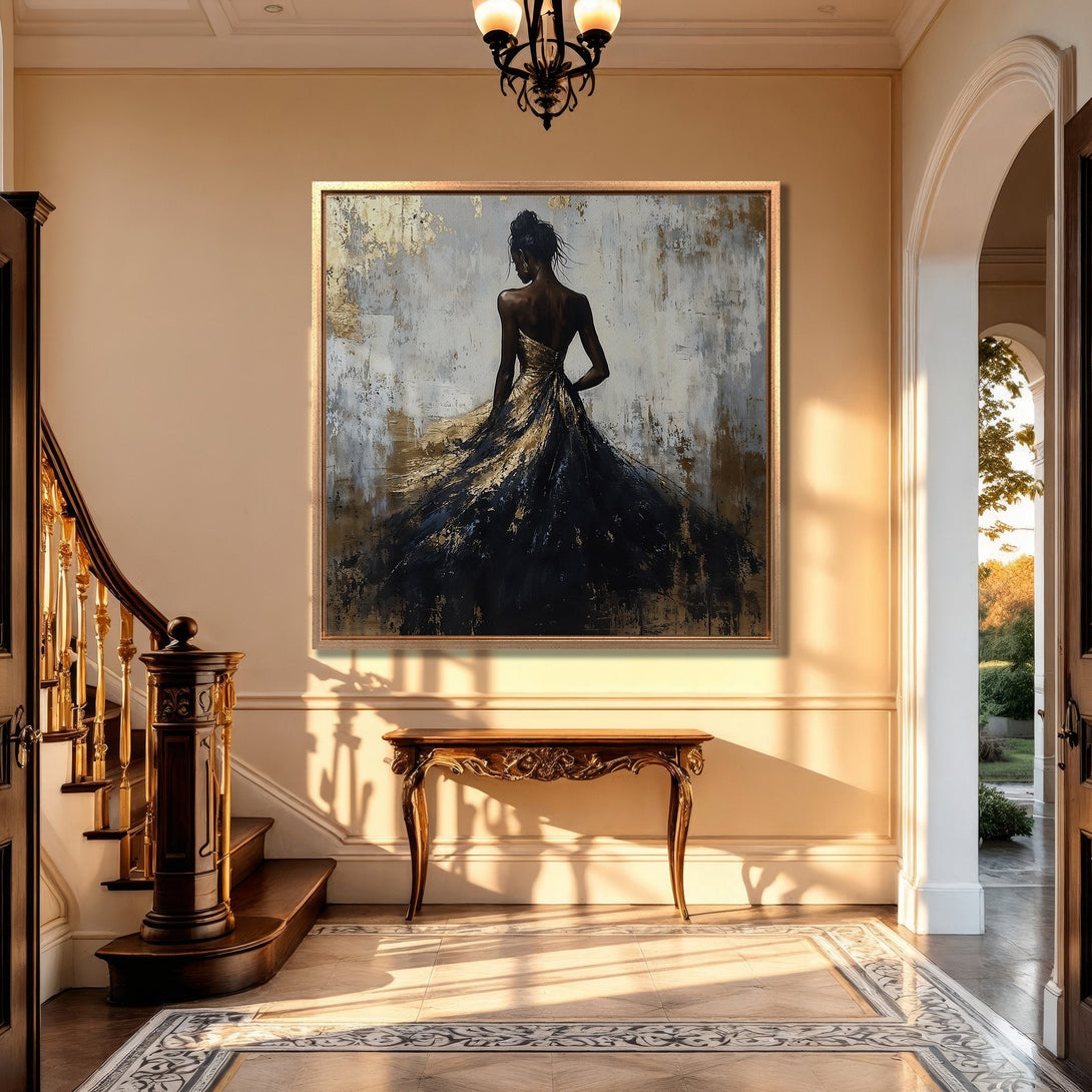 Framed Wall Art of elegant woman in a black and gold gown. Abstract style with a neutral, luxurious color palette. Perfect for adding sophistication to any space.