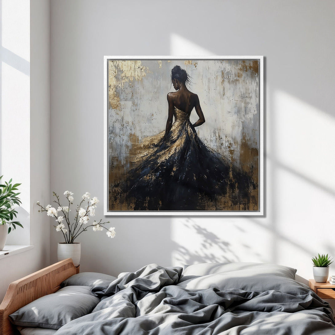 Framed Wall Art: Abstract painting of a woman in a flowing dress. Gold, black, and white color palette. Perfect for bedroom decor.