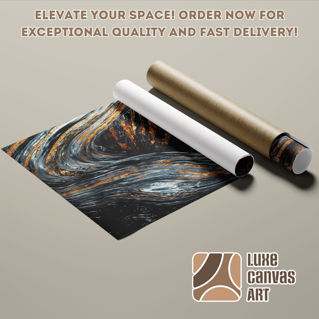 Abstract art Poster Roll in black, gold, and blue. Elevate your space with exceptional quality art!