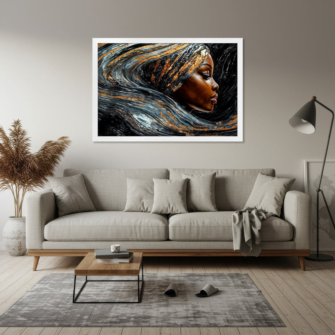 Framed Poster featuring a woman with flowing hair, in an abstract style. Moody color palette of black, gold, and blue. Perfect wall art!