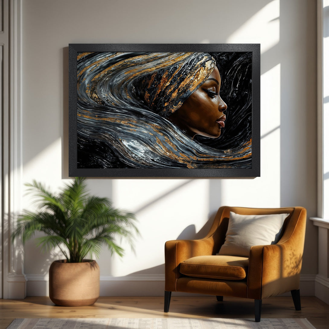 Framed Poster featuring a profile of a woman with flowing hair, abstract style, in a black, gold, and gray color palette.