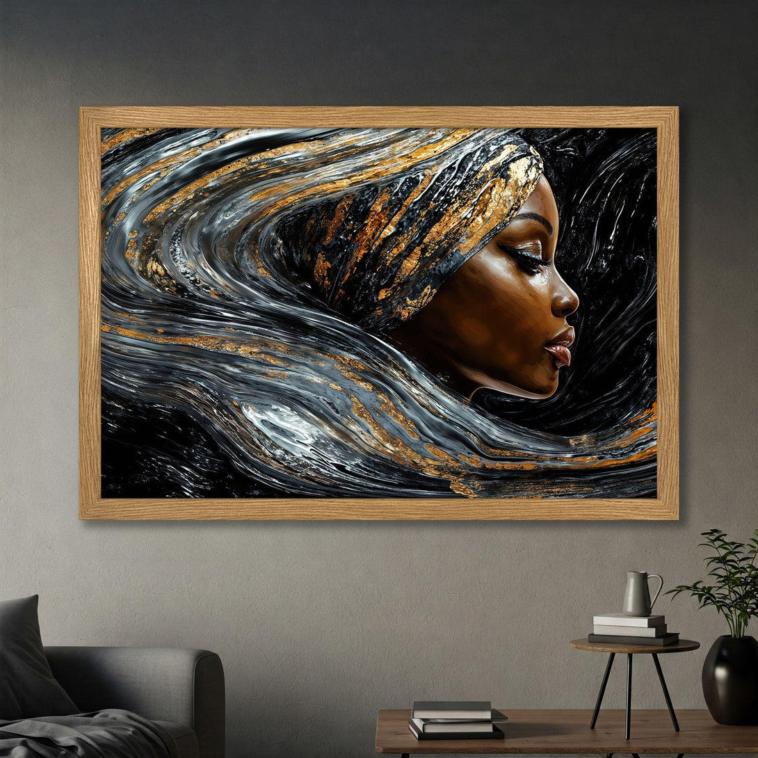 Framed Poster featuring a woman's profile in a flowing, abstract style with black, gold, and gray tones. Perfect wall art for any space.