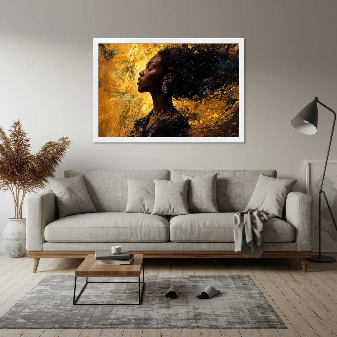Framed Poster featuring an abstract portrait of a woman with a gold and black color palette, perfect for modern decor.