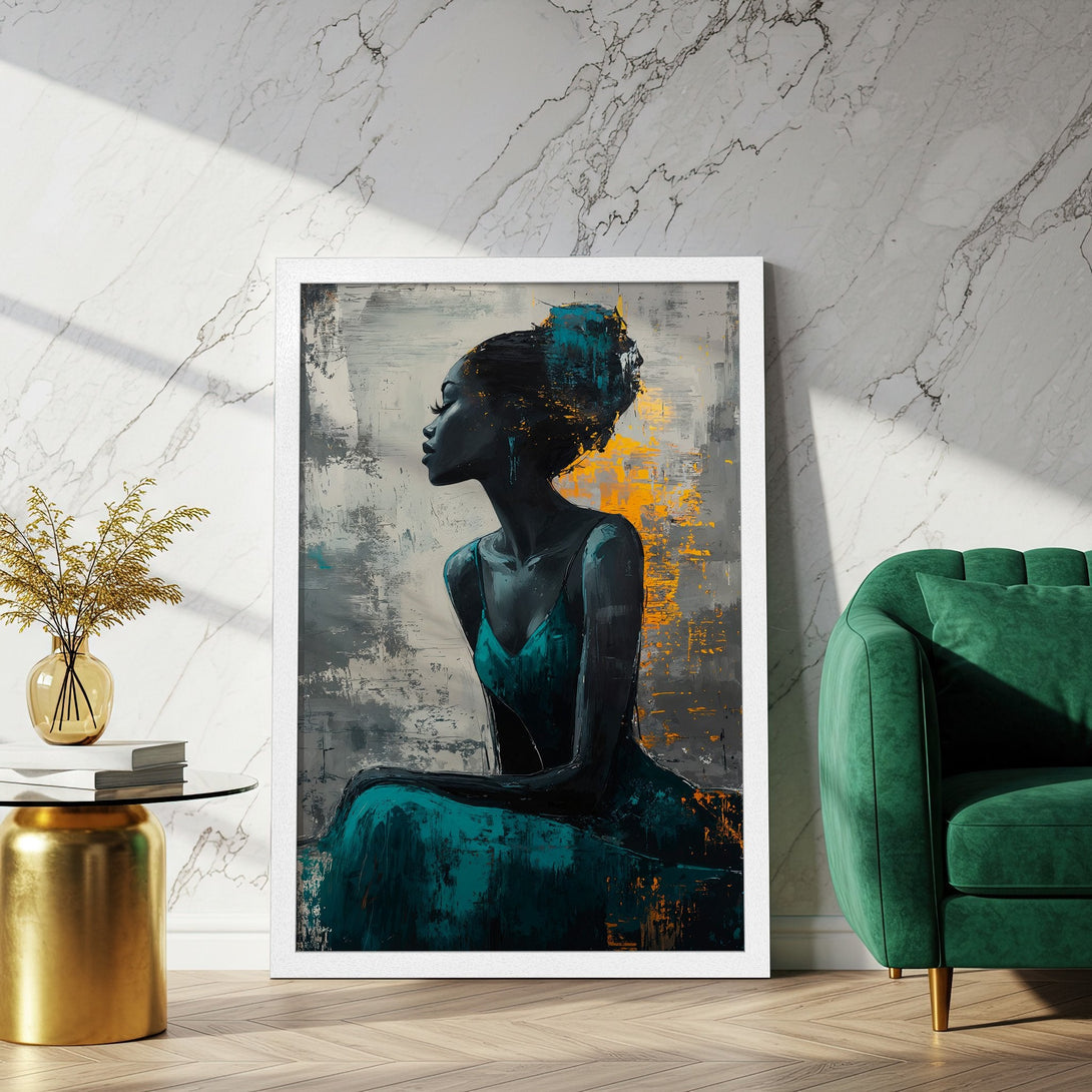 Framed Poster featuring an abstract painting of a woman in teal and black, with a gray and yellow background. Perfect wall art!