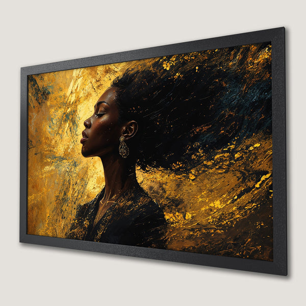 Framed Poster of a woman with flowing hair, abstract art style, gold and black color palette. Enhance your space!