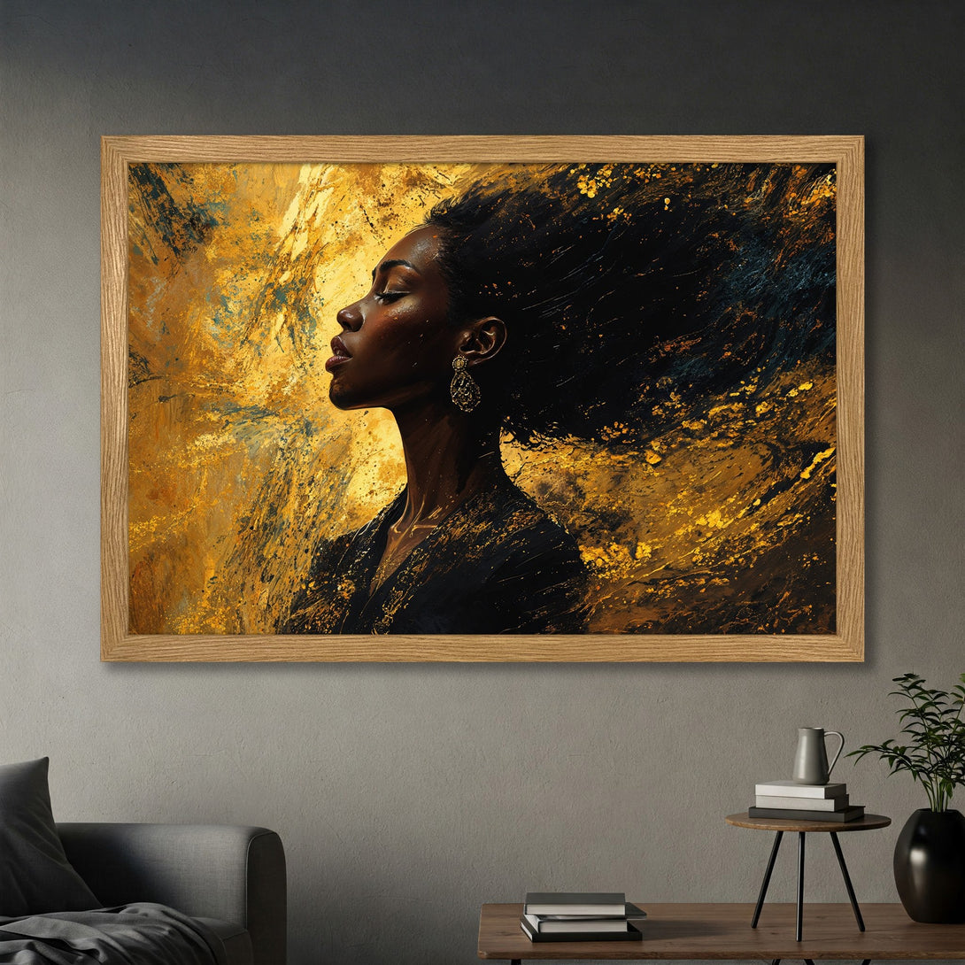 Framed Poster featuring a woman with flowing hair, abstract art in gold and black. Elevate your space with this stunning artwork!