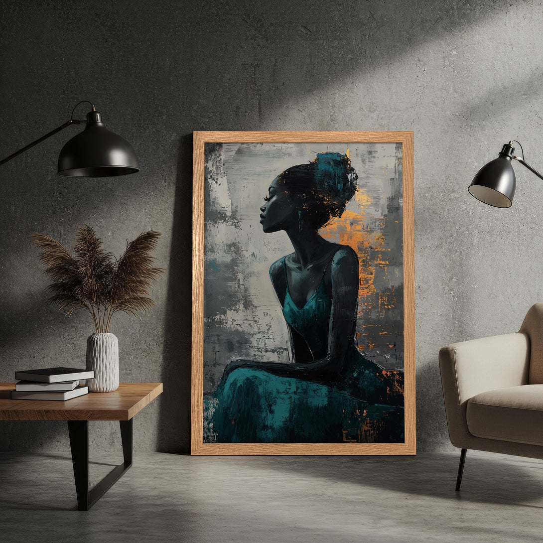 Framed Poster featuring a woman in teal and gold, abstract art style. Enhance your space with this stunning wall art!