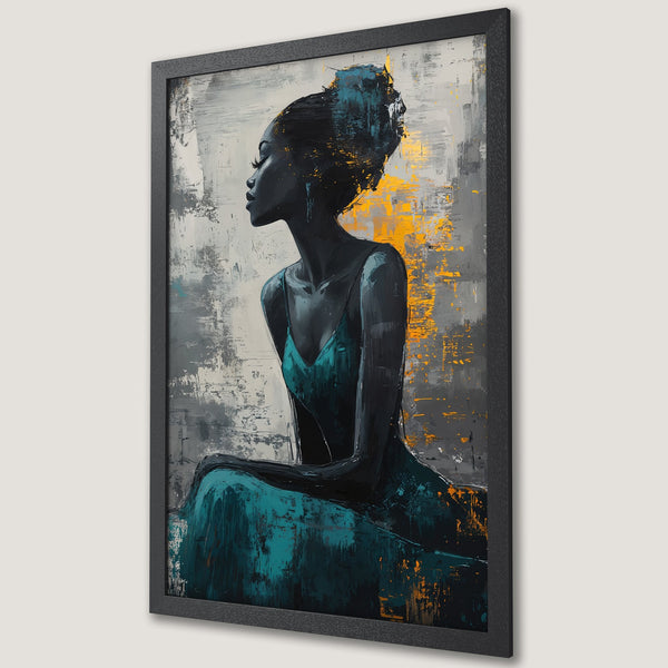 Framed Poster featuring an abstract portrait of a woman. Modern art style with teal, gold, and gray color palette. Perfect wall decor.
