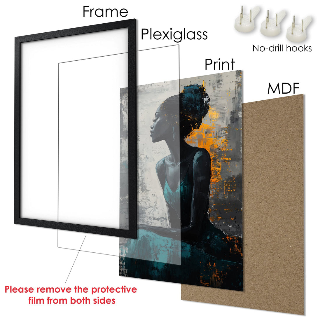 Framed Poster featuring an abstract portrait in teal, orange, and gray. Modern art style, perfect for home decor.