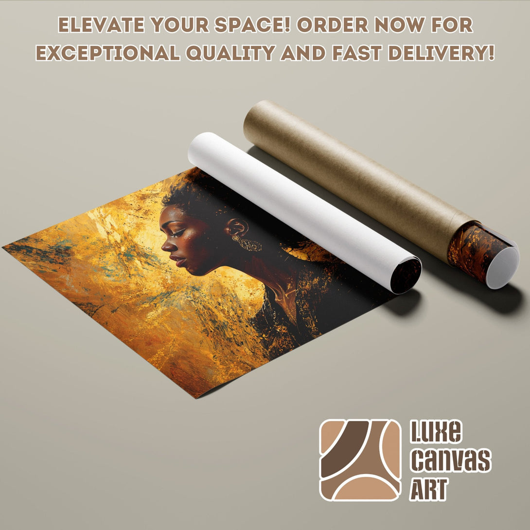 Poster Roll featuring an abstract portrait in gold and black. Elevate your space with Luxe Canvas Art!