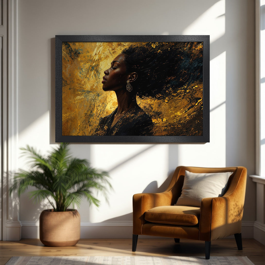 Framed Poster featuring an elegant woman in gold and black, art print with a warm color palette. Perfect wall decor.