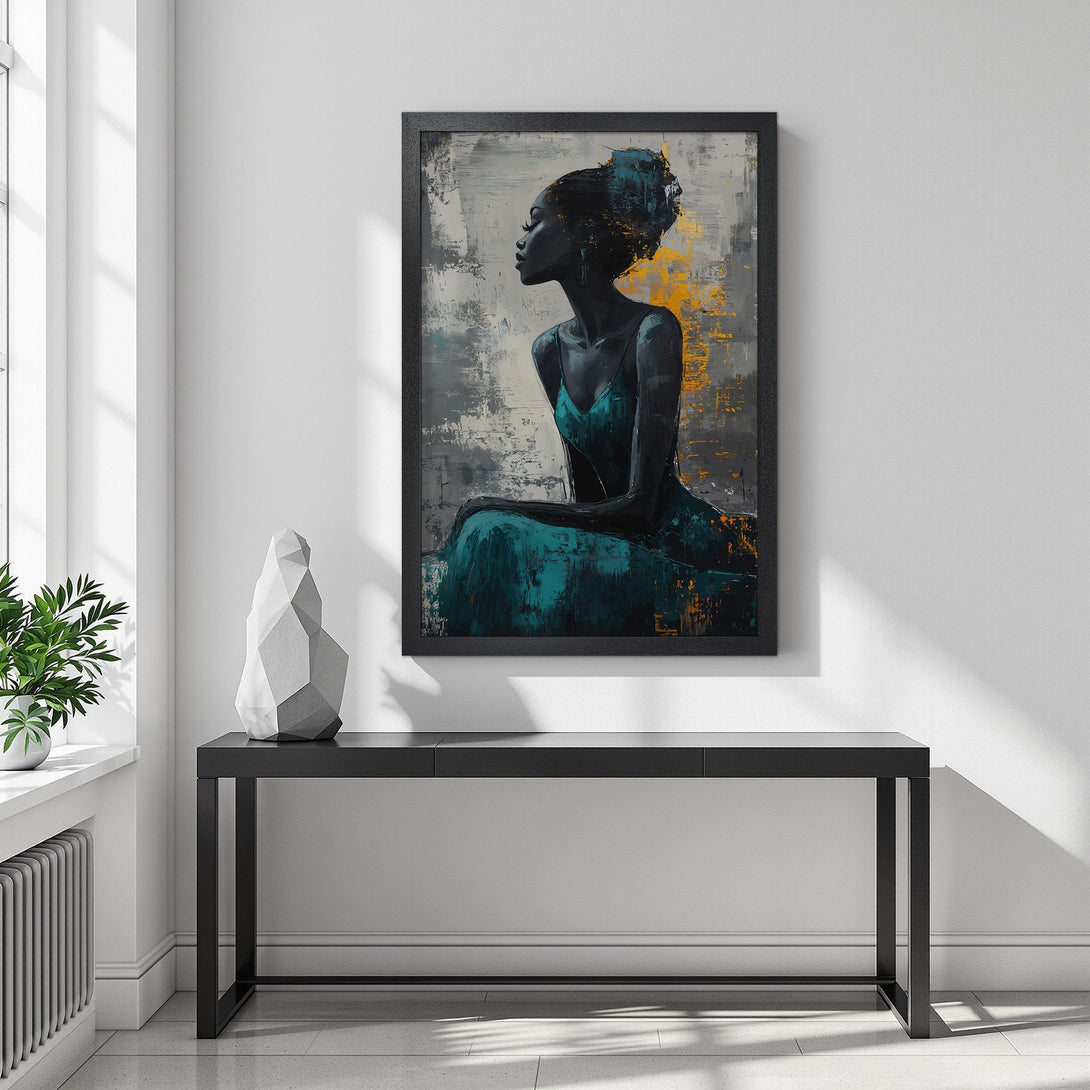 Framed Poster featuring a woman in teal dress, abstract art style, with gray, teal, and gold color palette. Add art to your home!