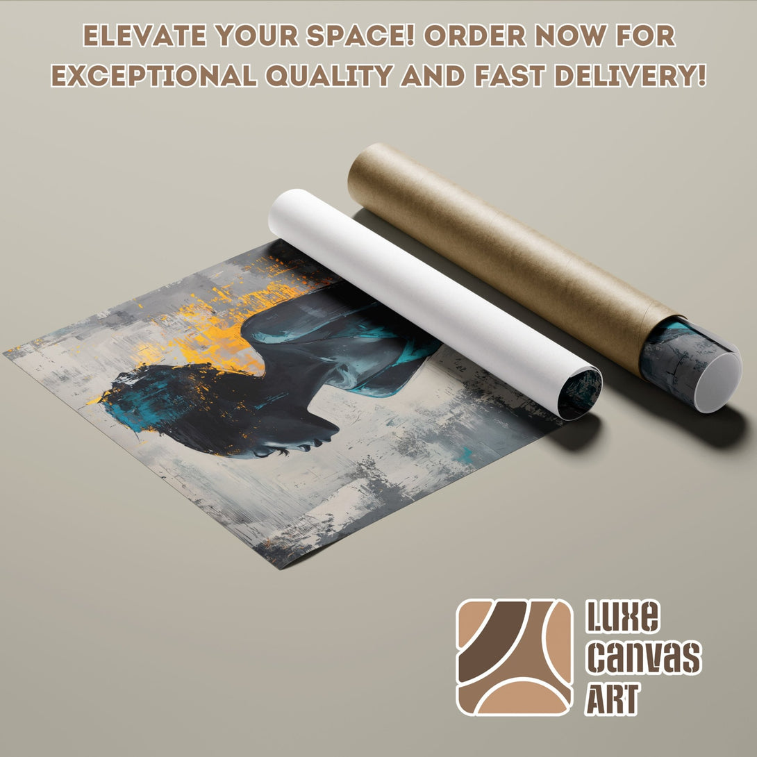 Abstract art poster roll featuring a woman's silhouette in teal and gold on a gray background. Elevate your space with this stunning Poster!