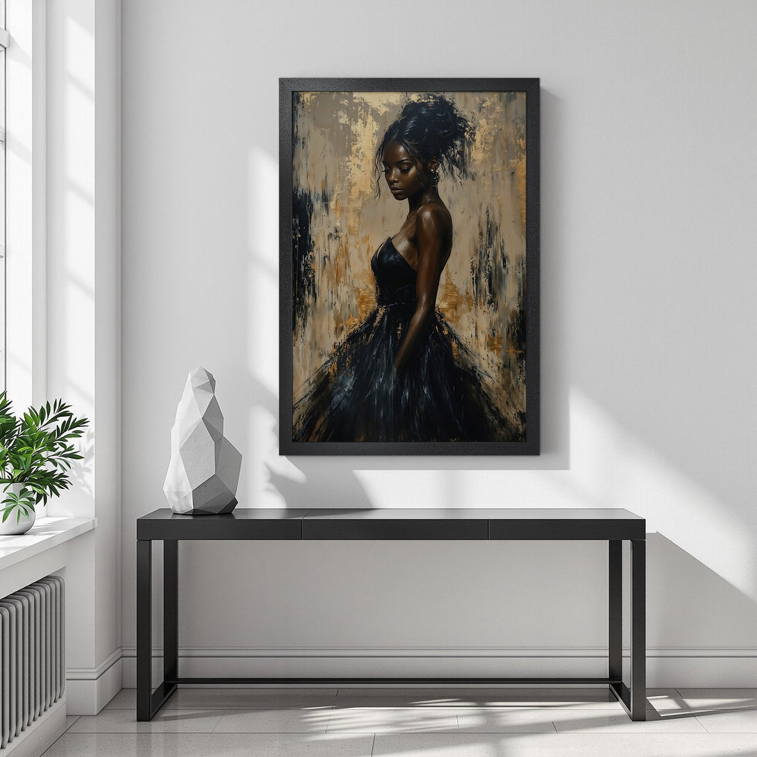 Framed Poster featuring an elegant woman in black dress, with gold and neutral tones. Perfect wall art to elevate your space!