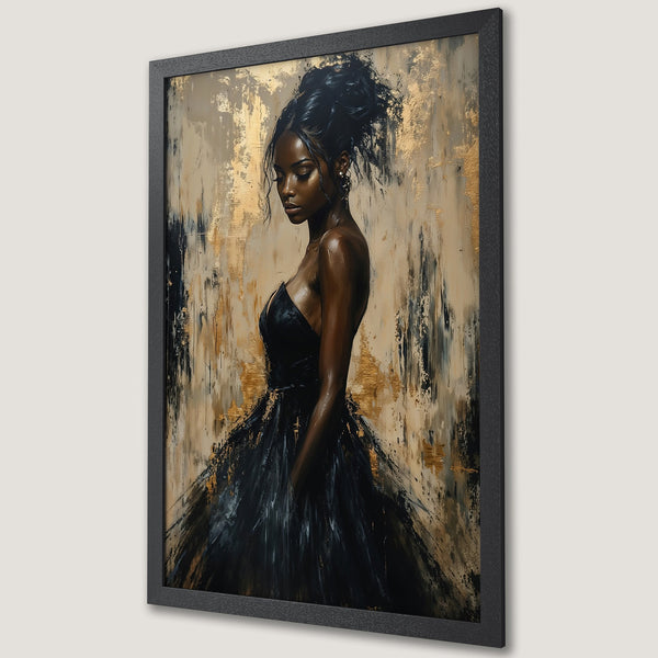 Framed Poster featuring an elegant woman in a black dress. Artistic style with gold, black, and beige color palette. Perfect wall art.