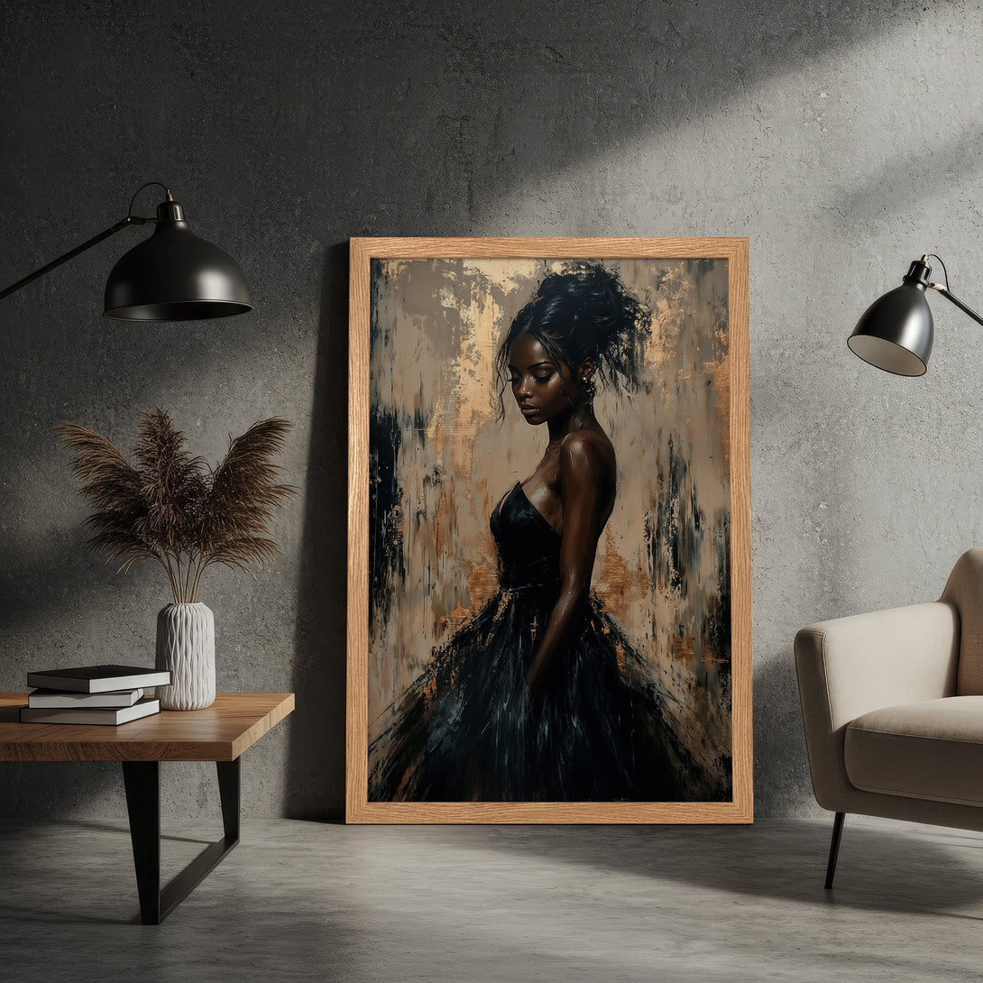 Framed Poster featuring a woman in a black dress, abstract style, with a neutral and gold color palette. Perfect wall art!
