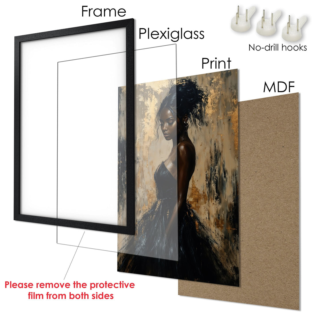 Framed Poster featuring an elegant woman in black and gold, abstract style. Perfect wall art for any room.