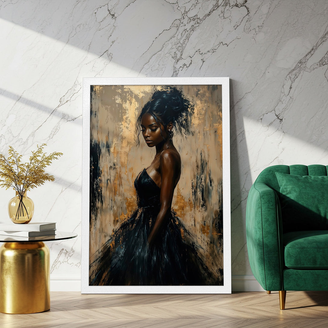 Framed Poster featuring an elegant woman in black dress, abstract style, gold & black palette. Perfect wall art!