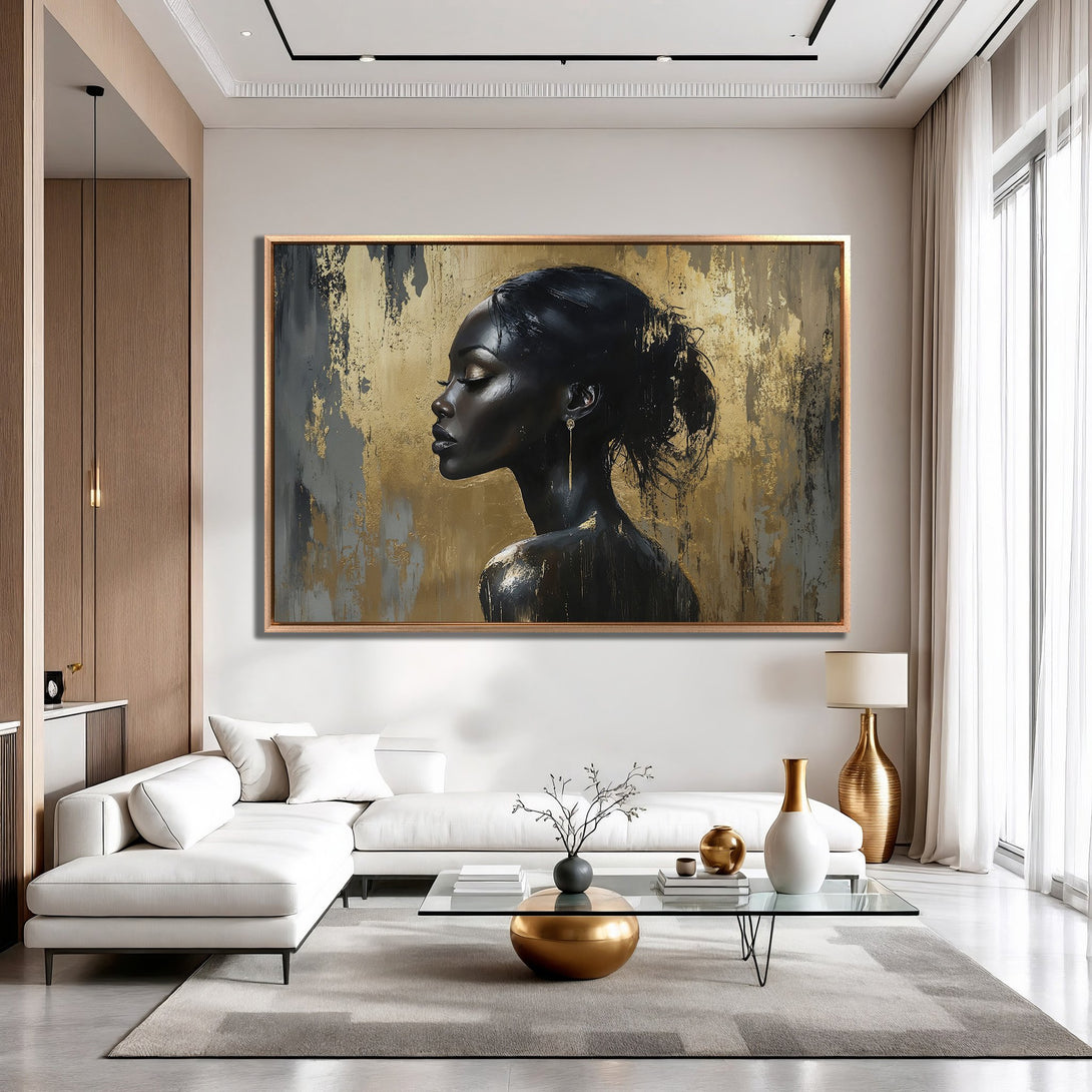Framed Wall Art: Abstract portrait of a woman in black and gold. Modern art canvas print with a luxurious, neutral color palette. Elevate your space!