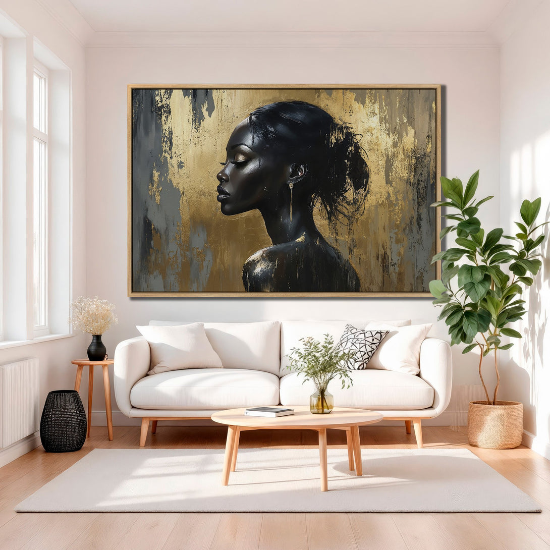 Framed Wall Art featuring a striking black woman portrait with gold accents. Modern abstract style, perfect for adding elegance to any interior.