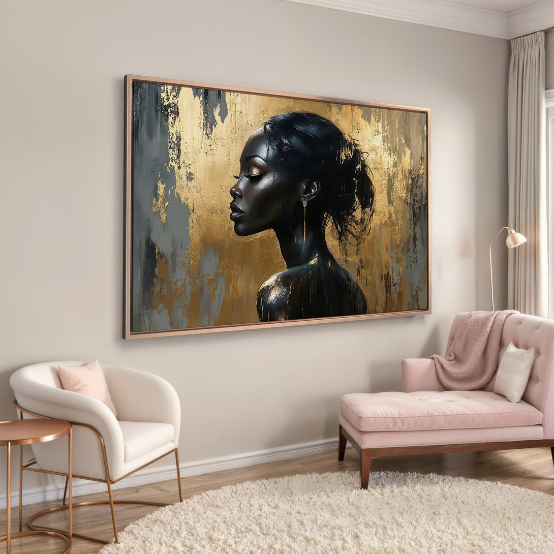 Framed Wall Art featuring a black woman in an abstract gold and gray style. Modern Canvas Print perfect for adding elegance to your home decor.