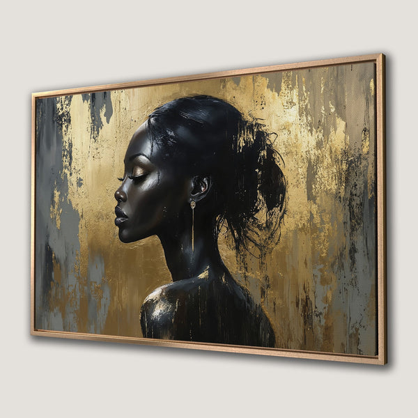 Framed Wall Art: Elegant black woman portrait with gold and grey abstract background. Stunning canvas print for modern decor.
