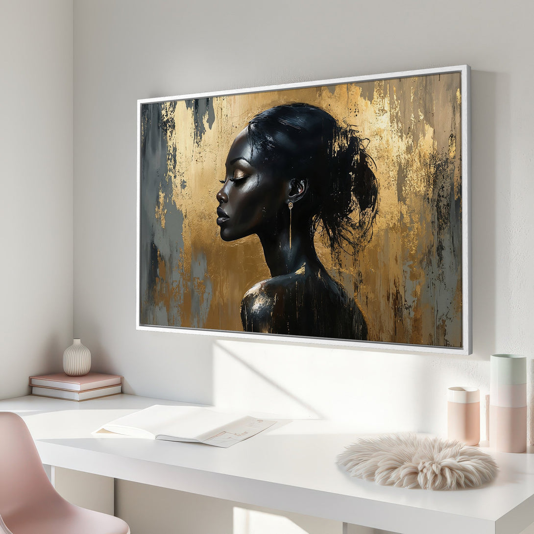 Framed Wall Art: Elegant black woman portrait with gold and gray abstract background. Modern art canvas print, perfect for home decor.
