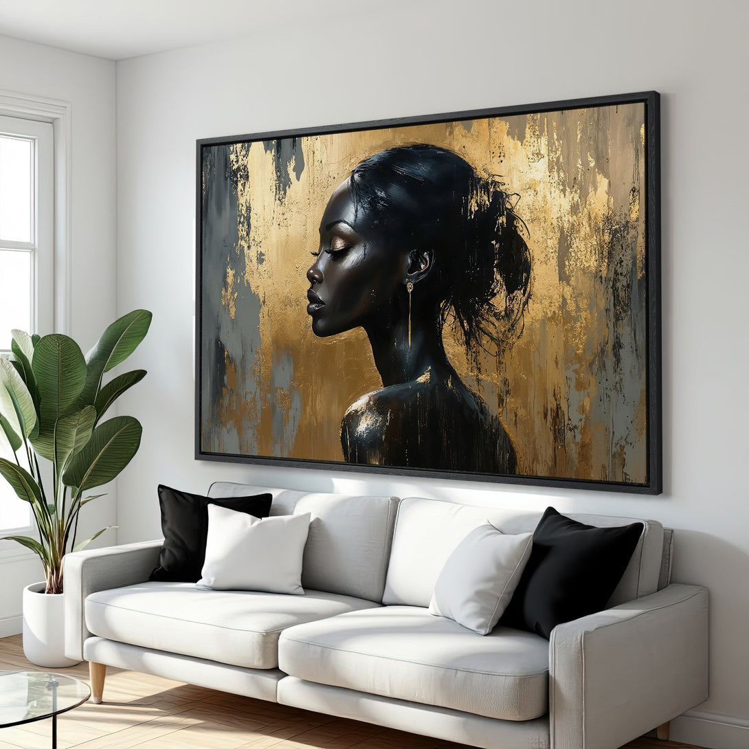 Framed Wall Art: Abstract portrait of a woman in black & gold. Modern art canvas print for home decor. Neutral color palette.