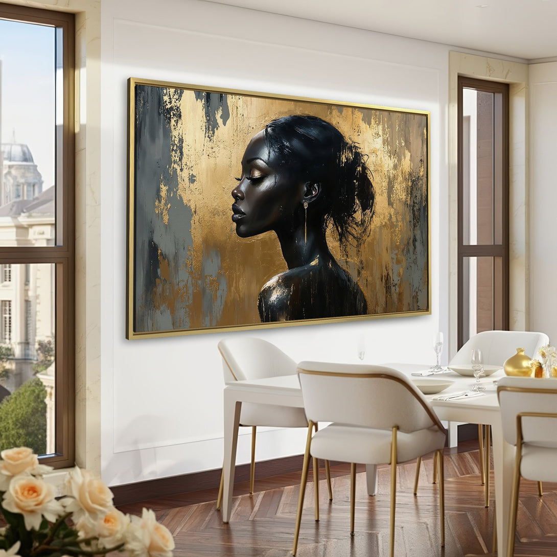 Canvas Print: Elegant portrait of a Black woman with gold accents. Modern art in black, gold, and gray tones. Perfect for home decor.