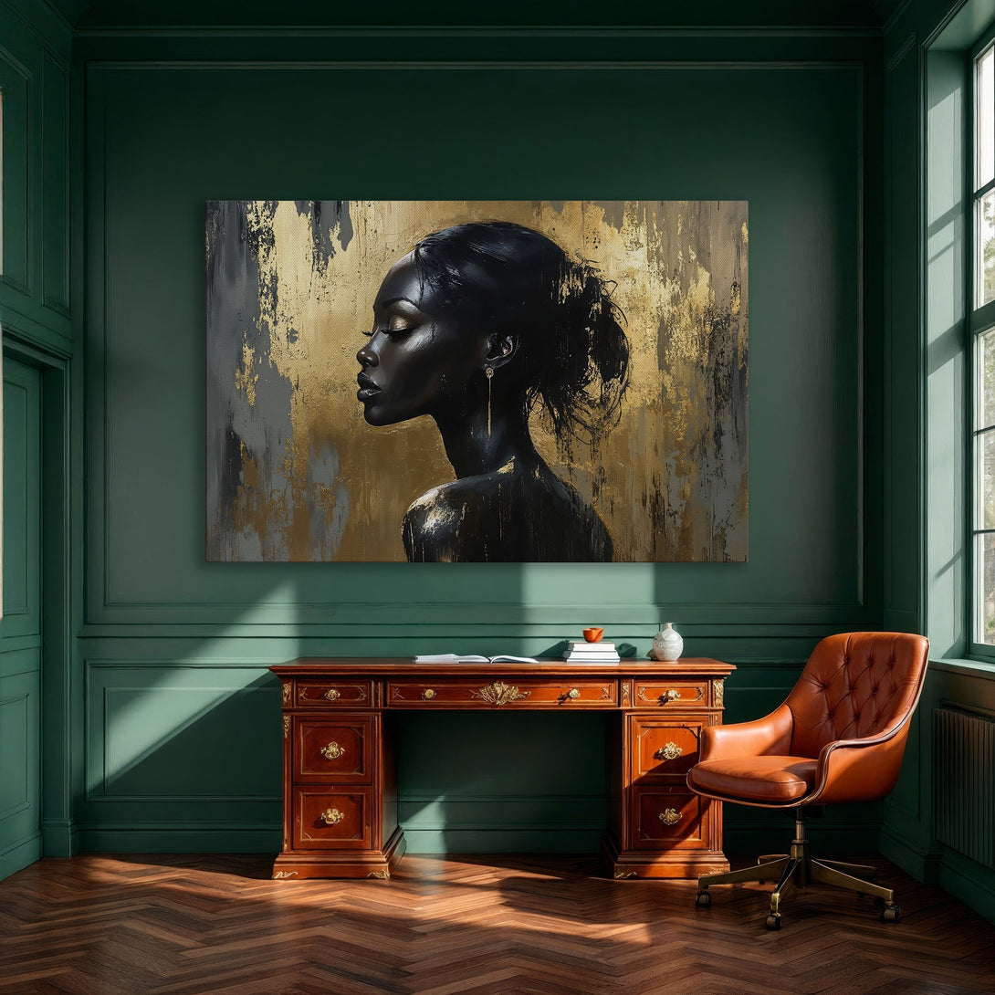 Framed Wall Art: Elegant portrait of a woman with gold & black abstract background. Perfect for modern decor. Shop our Canvas Print collection!