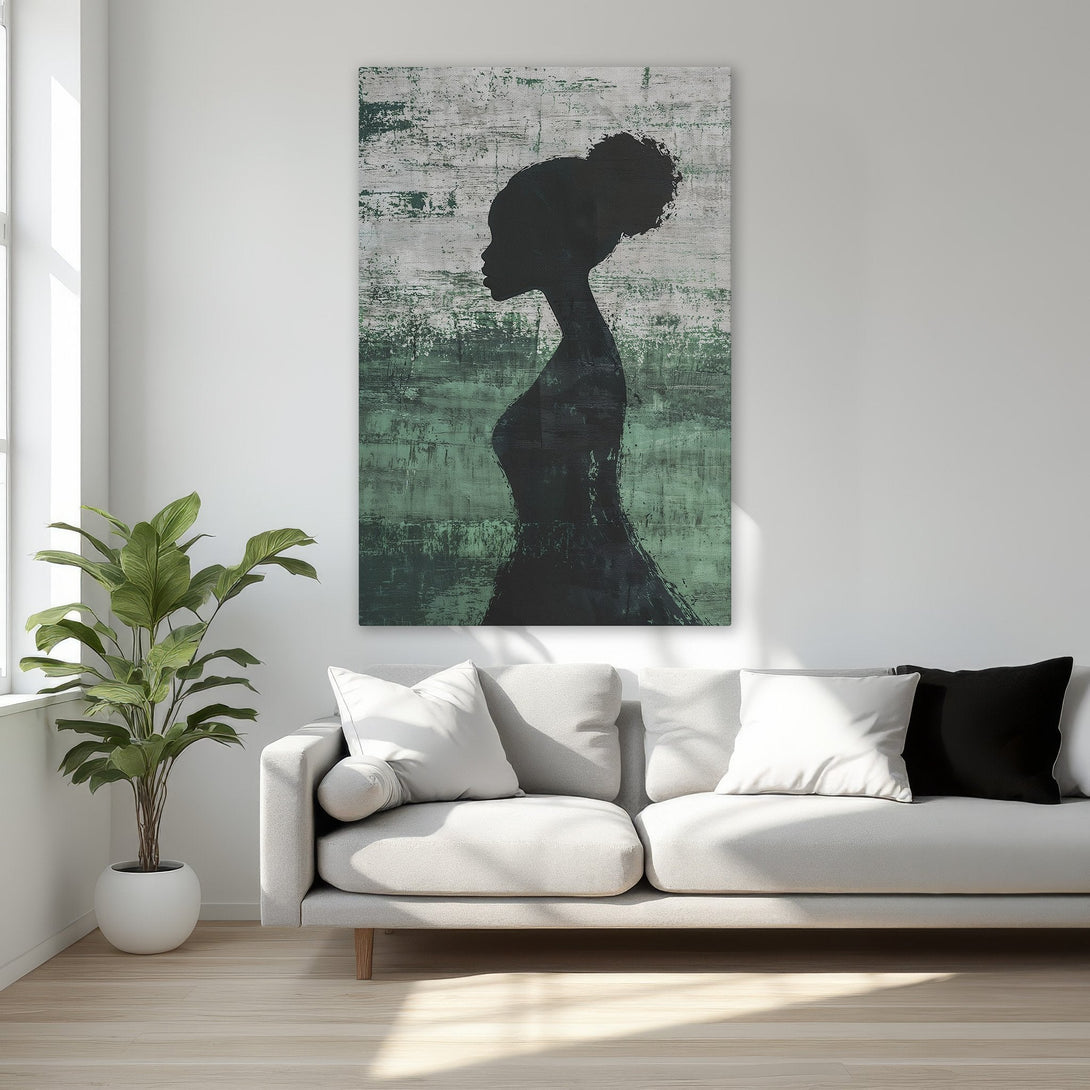 Framed Wall Art: Abstract silhouette in black & green. Modern art canvas print with a gold frame, perfect for adding elegance to your home decor.