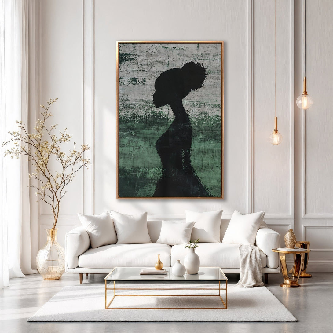 Framed Wall Art: Silhouette of a woman in black, abstract style, with green and gray tones. Perfect for modern home decor.
