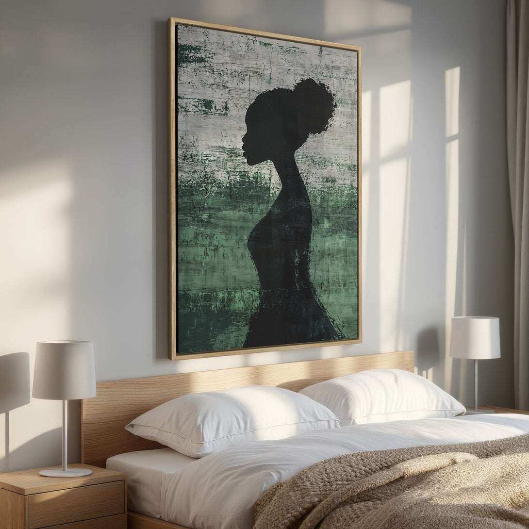 Framed Wall Art featuring a silhouette of a woman in a modern, abstract style with a green and gray color palette. Perfect for bedroom decor.