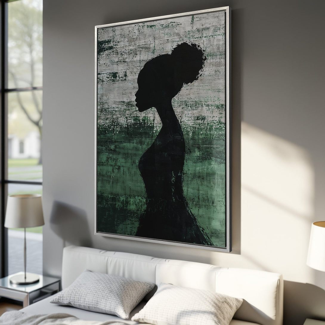 Framed Wall Art: Abstract silhouette of a woman in black, green, and white. Modern art canvas print perfect for bedroom decor.