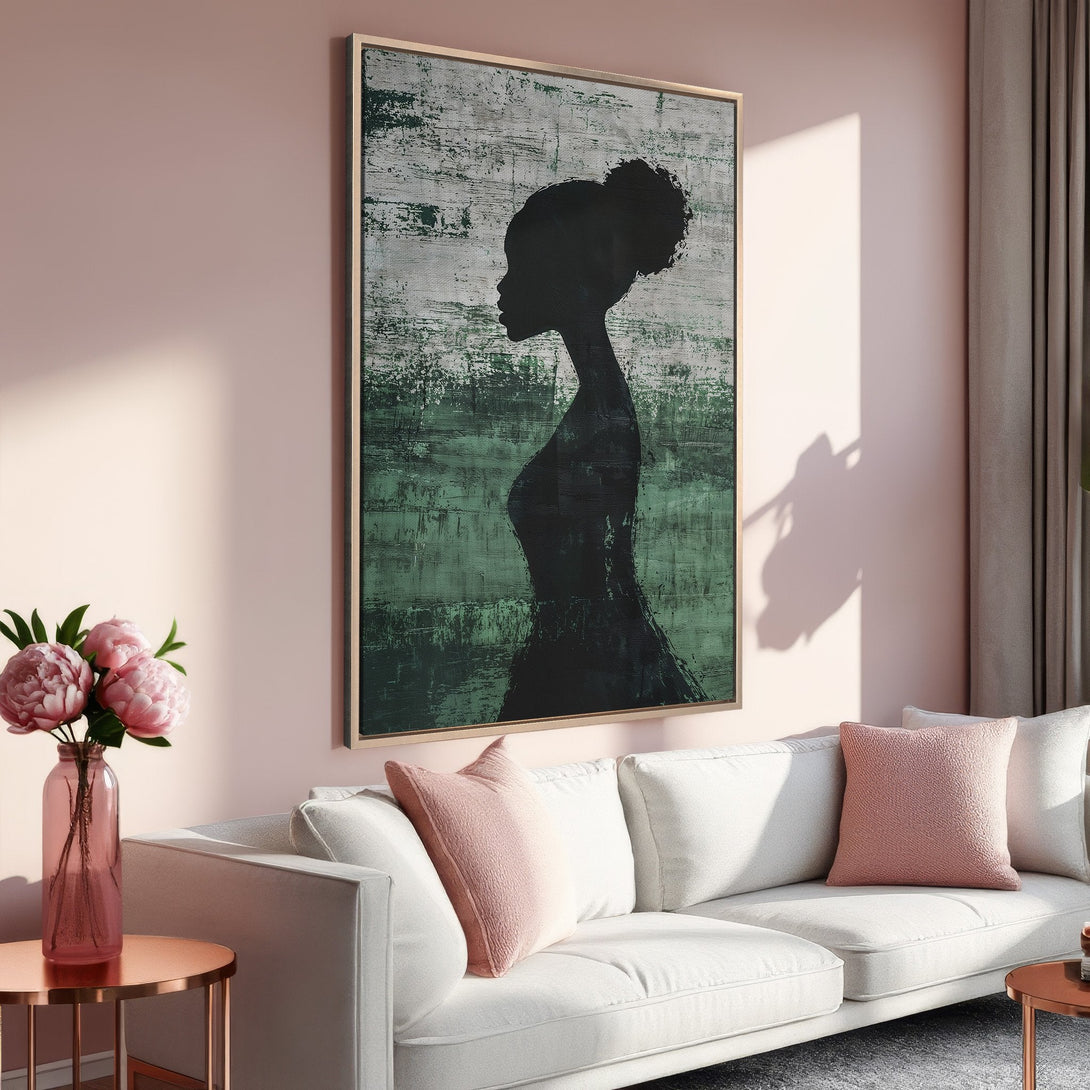 Framed Wall Art: Abstract silhouette canvas print in green and black. Modern art decor with a blush pink and white interior design. Shop now!