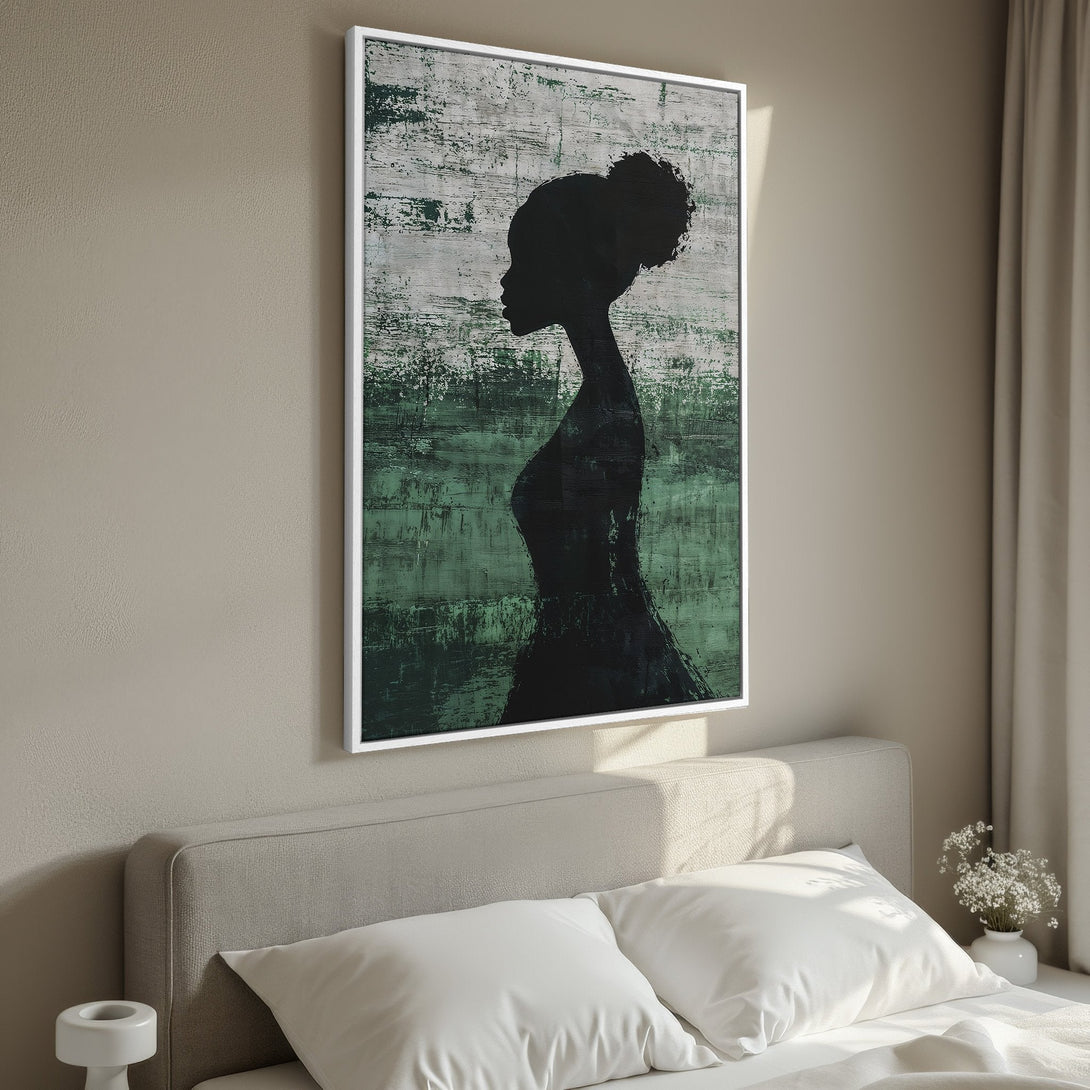 Framed Wall Art: Abstract silhouette in black and green, displayed in a bedroom. Modern canvas print with neutral color palette for stylish interior decor.