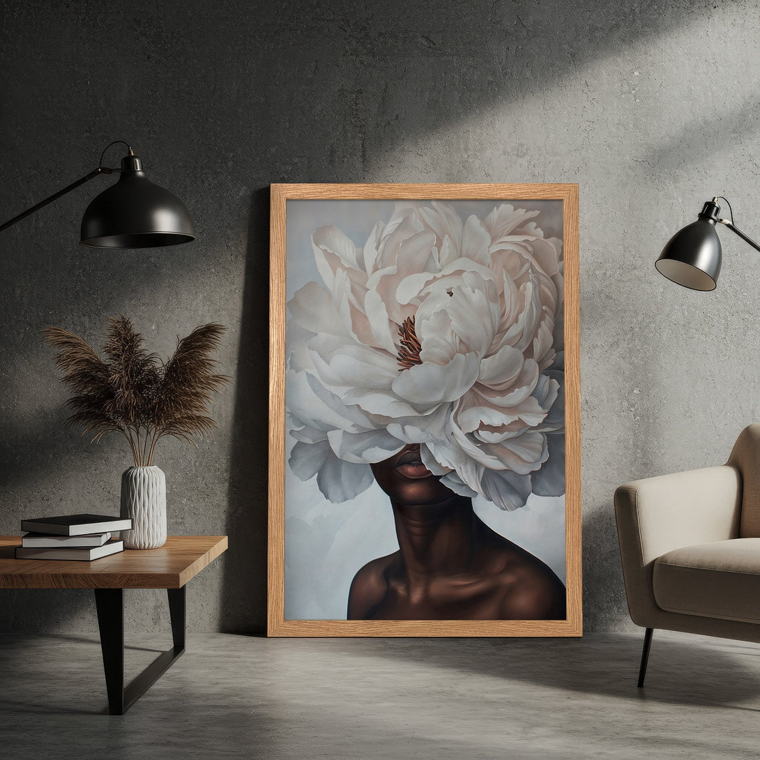 Framed Poster featuring a woman with a flower headpiece, artistic style, neutral & warm color palette, perfect wall art.