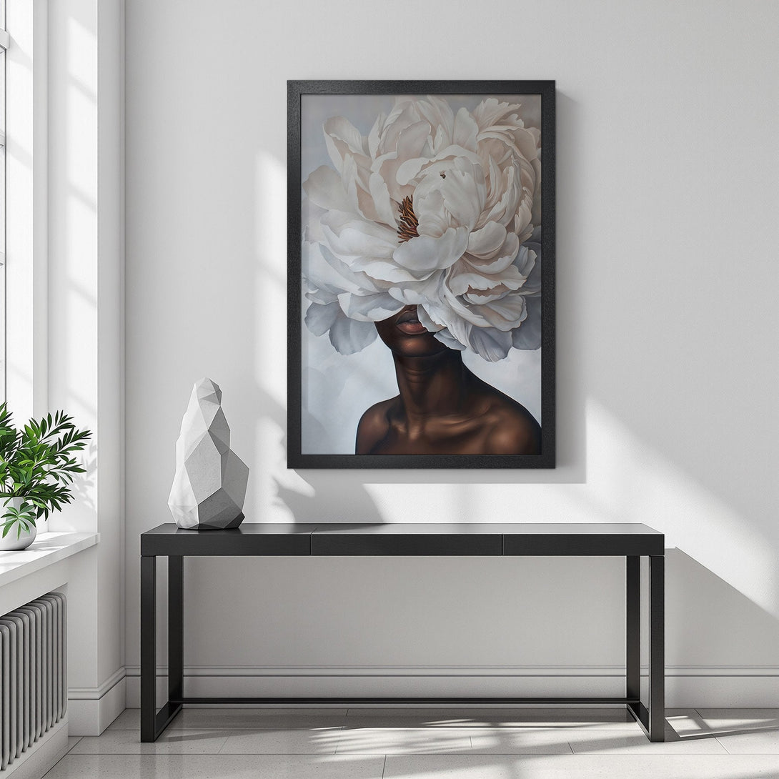 Framed Poster featuring a woman with a flower head, artistic style, neutral color palette. Perfect wall art for any room!