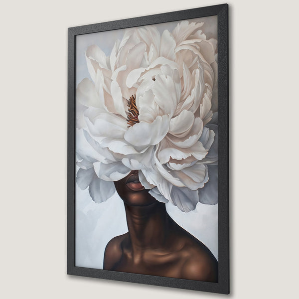 Framed Poster featuring a woman with a flower headpiece. Elegant art in neutral tones, perfect for modern decor.